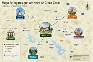 Qué ver cerca de Cinco Casas (Ciudad Real): 10 planes para tu escapada rural 1 Mapa de lugares que ver cerca de Cinco Casas con distancias a Campo de Criptana, Argamasilla de Alba, El Toboso, Alcázar de San Juan y Lagunas de Ruidera