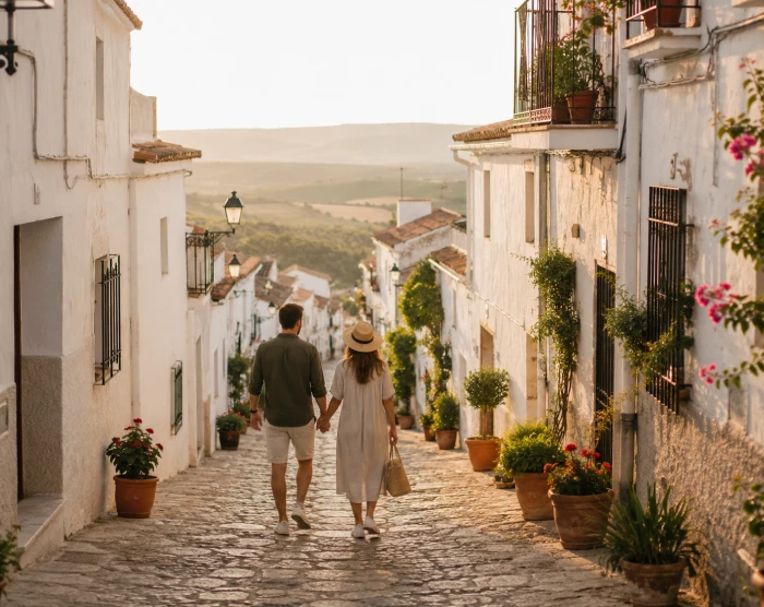 PAREJA PASEANDO DESCUBRIENDO EL ENCANTO DE LOS PUEBLOS PEQUEÑOS DE CASTILLA LA MANCHA